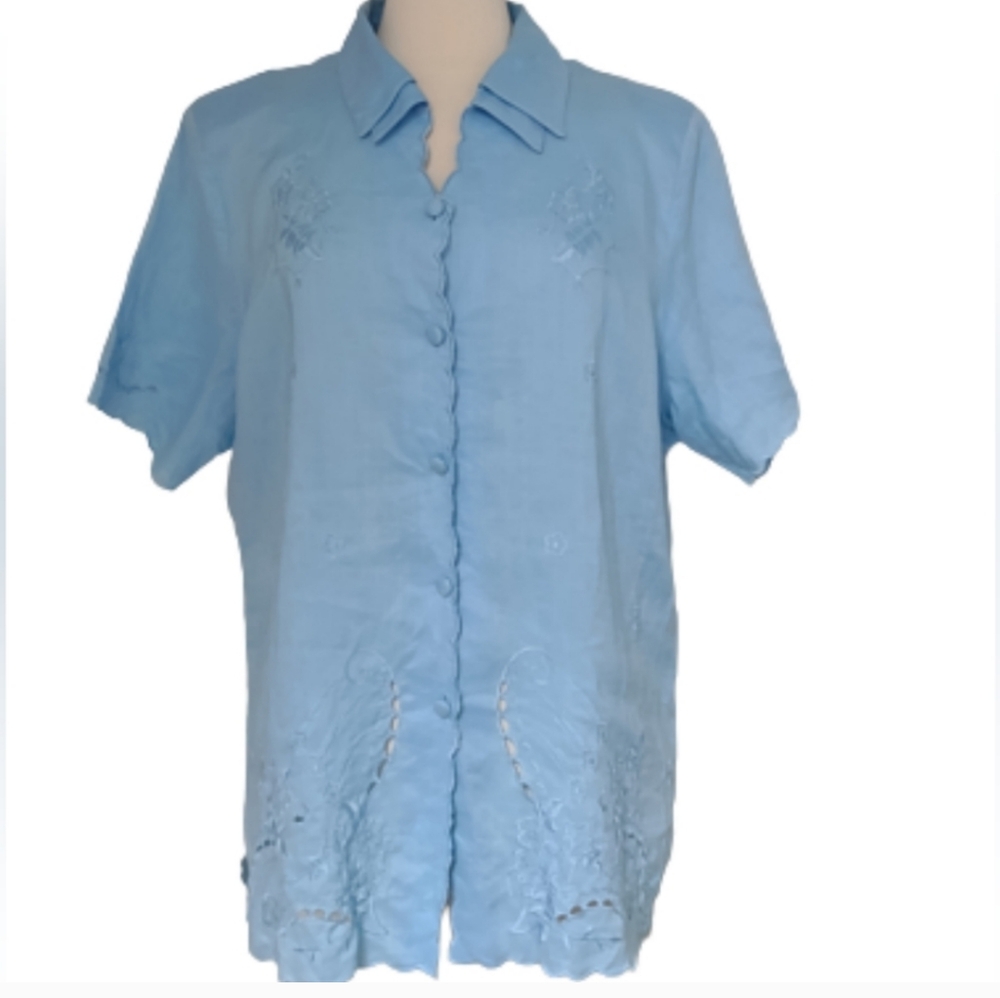 Primera Vintage Blue 100% Linen Eyelet Embroidered Shirt Plus Size XXXL